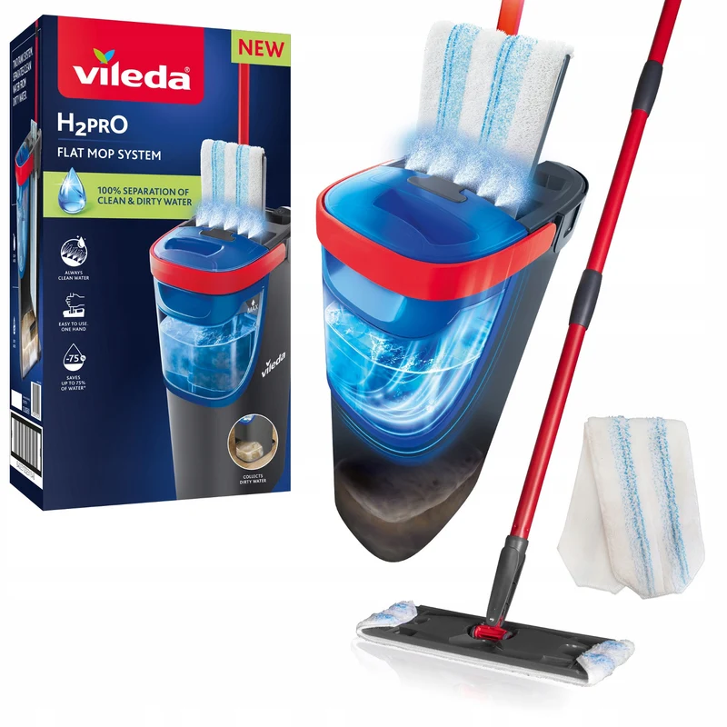 Vileda H2prO mop plat, 100% séparation eau propre/eau sale, deux réservoirs, pad microfibre, embout 360°, 175774
