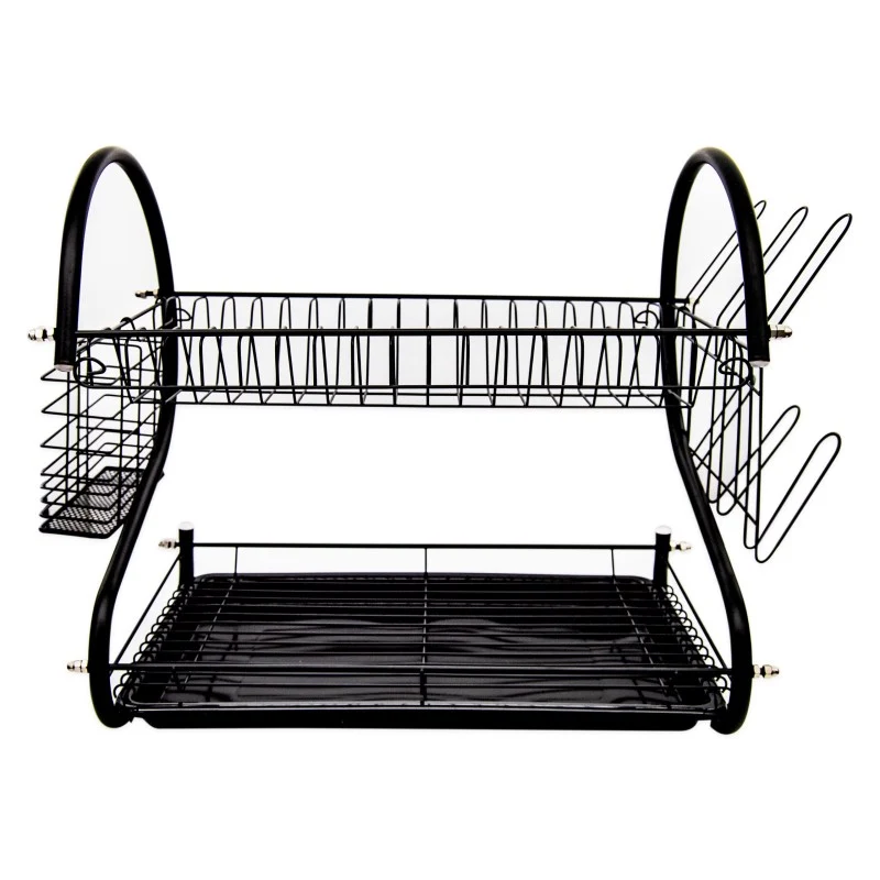 Afdruiprek 2 Laags Zwart met Lekbak, Bestekhouder en Bekerhouder – RVS Afwasrek voor Servies, Borden & Glazen – MH-8012