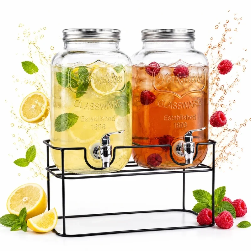 Drankdispenser Set 2x 4 Liter met Kraantje en Standaard – Dubbele Glazen Sapdispenser 8 Liter – Limonadedispenser voor Water, IJsthee, Cocktails & Feestjes – Zwart