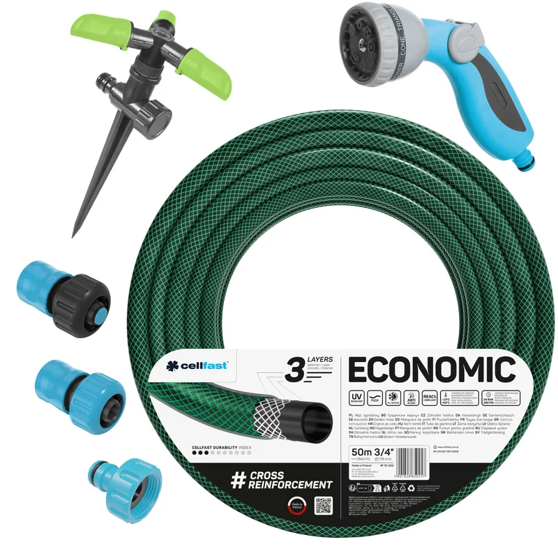Tuyau d'arrosage Cellfast Economic 3/4" 50 m + raccord rapide en laiton et raccord droit 3/4" + raccord à filetage intérieur 3/4" + arroseur rotatif + arroseur à pistolet