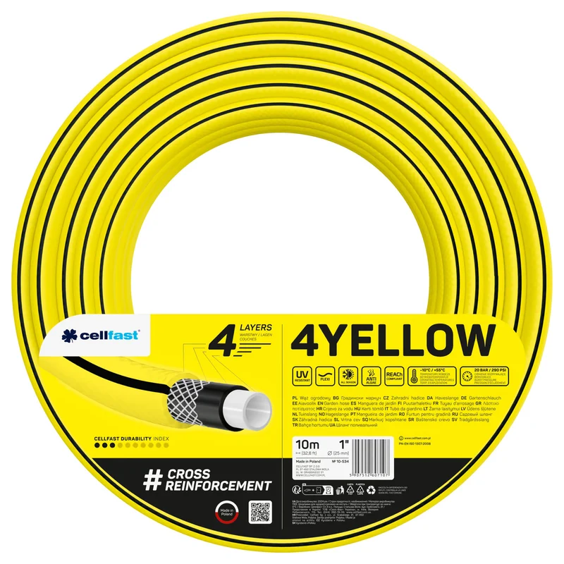 Tuyau d'arrosage Cellfast, 4 couches, résistant aux UV, diamètre 1", longueur 10 m, 4YELLOW