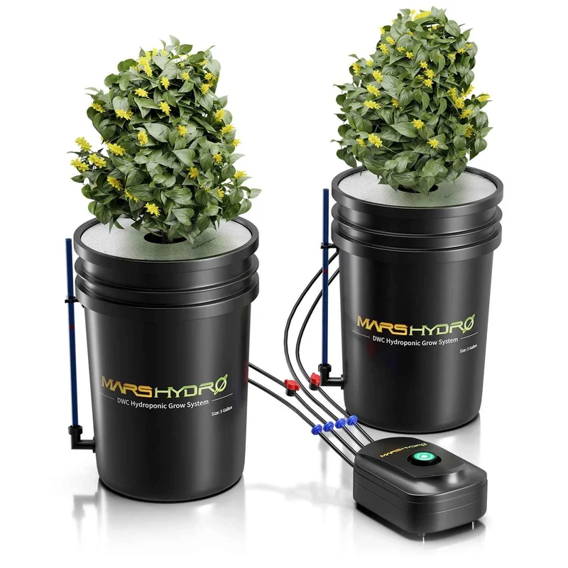 Mars Hydro Premium 5-Gallon DWC Hydroponisch Systeem Kit – 2× 18,9L Emmers met 8-Inch Netpotten, Top-Drip & 8W Luchtpomp