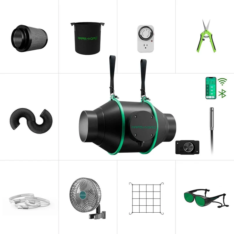 Mars Hydro iFresh 4-Inch Inline Afzuigventilator Kit – 205 CFM Smart Ventilatieset met Koolstoffilter, EC-Motor & App-bediening voor Kweektenten