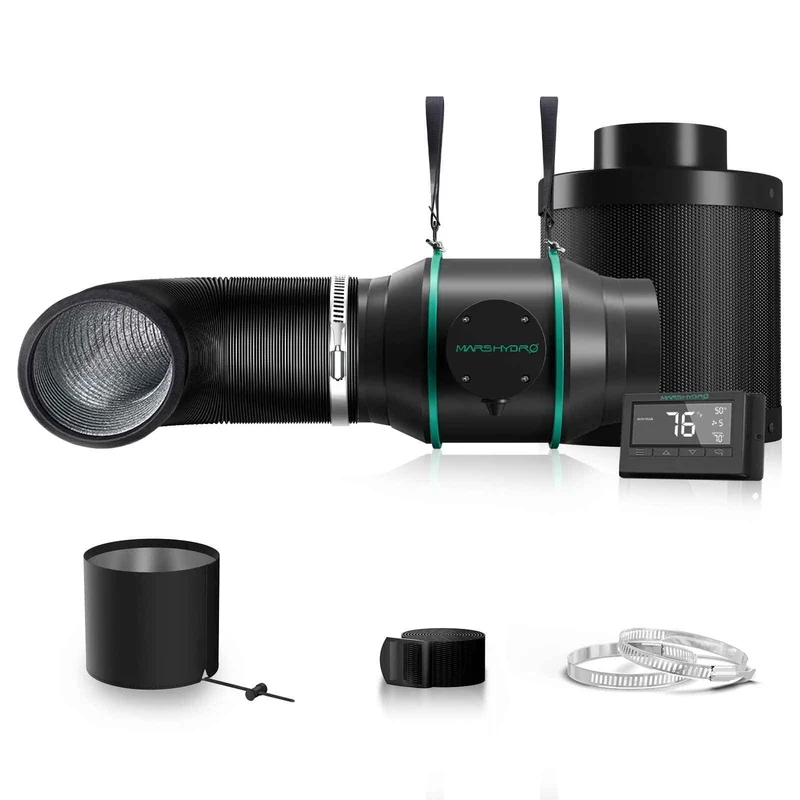 Mars Hydro 6-Inch Inline Afzuigventilator Kit – 402 CFM Complete Kweektent Ventilatie met EC Motor, Koolstoffilter & Slimme Thermostaatcontroller
