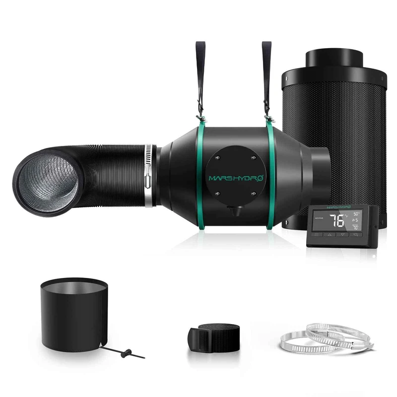 Mars Hydro 4-Inch Complete Ventilatorkit – 205 CFM Inline Afzuigventilator met Koolstoffilter, Slimme Thermostaatcontroller & Kweektent Ventilatie