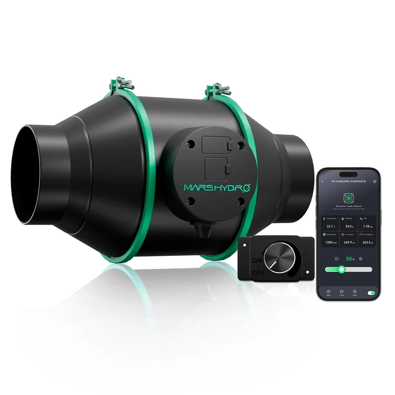 Mars Hydro iFresh 4″ (100 mm) Inline Afzuigventilator 205 CFM – Slimme EC Buisventilator met App-bediening, Auto Klimaatregeling & Snelheidsregelaar voor Kweektenten
