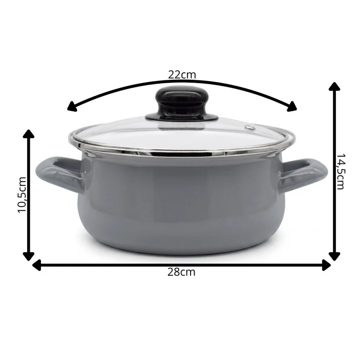 Emaille Kookpan 3,5 Liter – Emaille Pan 22 cm – Glazen Deksel – Grijs