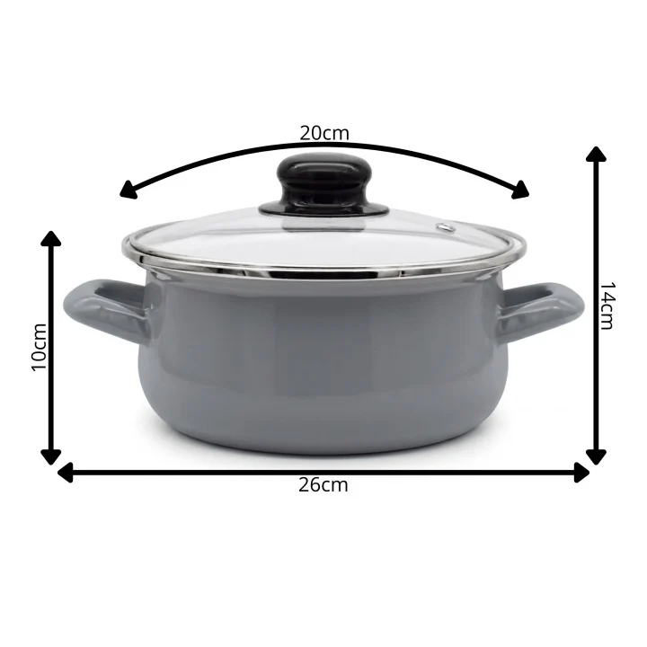 Emaille Kookpan 2,5 Liter – Emaille Pan 20 cm – Glazen Deksel – Grijs