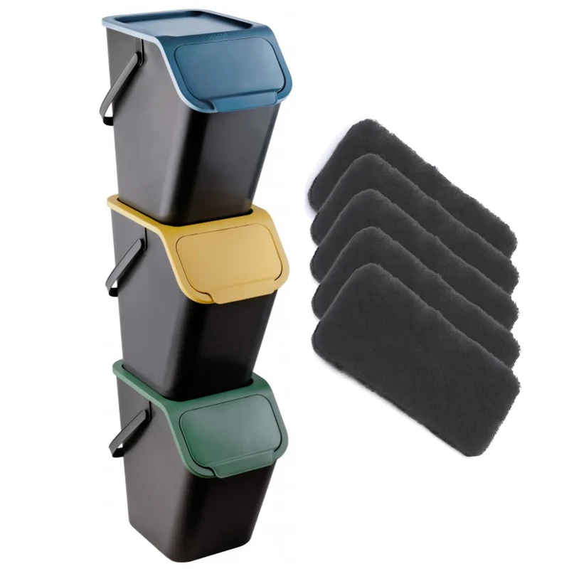 Lot de 3 poubelles de tri sélectif 25 l Practic Bini + 5 filtres à charbon