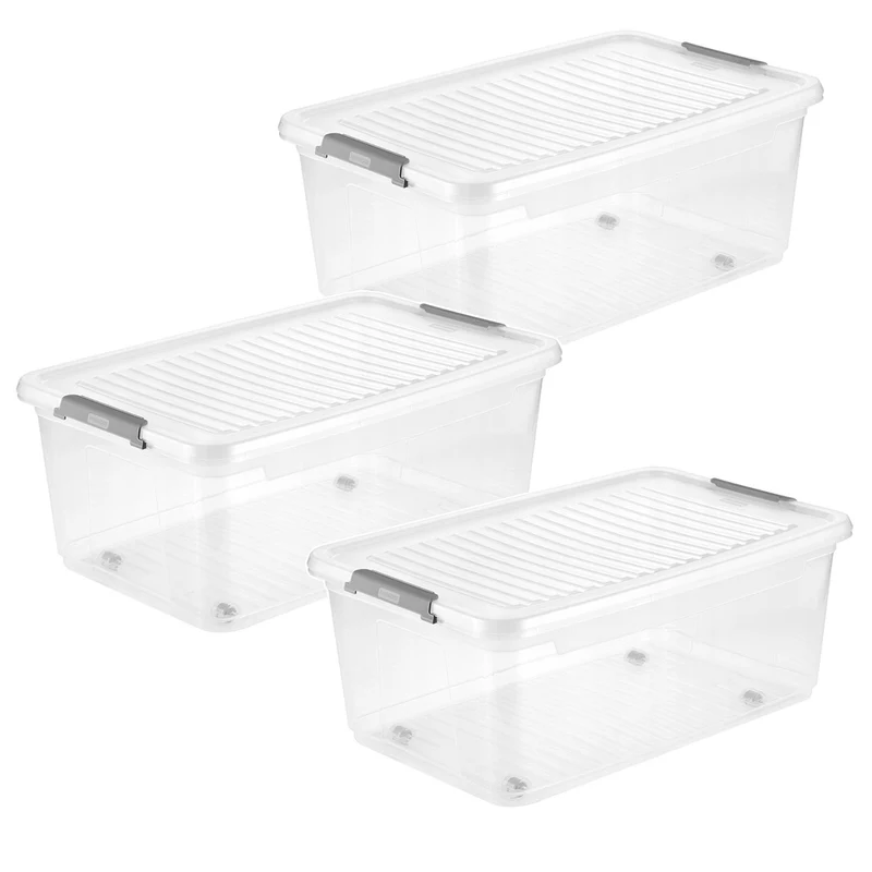 Conteneur avec couvercle Leo Keeeper, capacité 37 L, transparent, muni de roulettes, couvercle à fermeture par clips, lot de 3