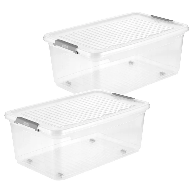 Conteneur avec couvercle Leo Keeeper, capacité 37 L, incolore, muni de roulettes, couvercle à fermeture par clips, lot de 2
