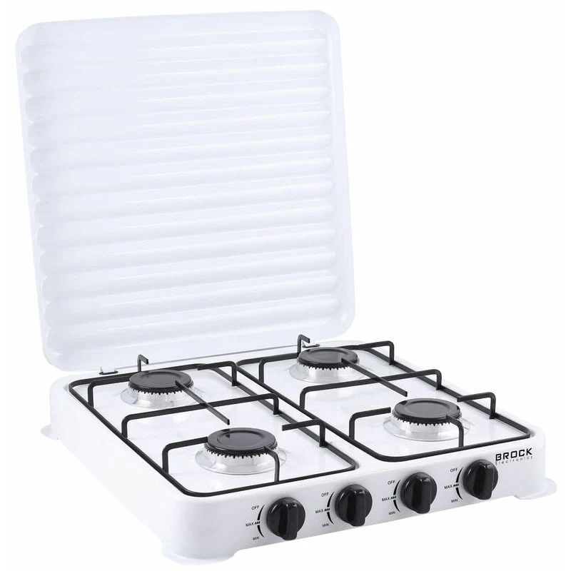 Brock Electronics 4-Pits Gaskookplaat Wit – Draagbaar Camping Kooktoestel – Vrijstaand Gasfornuis 4 Pits – Kampeer Gaskomfoor – Compact Kookstel 48x48 cm voor Camping of Buitenkeuken