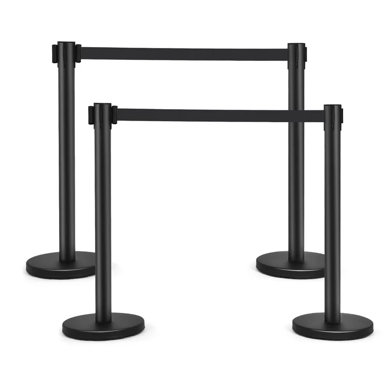 Trendmix Set Van 4 Afzetpalen Met 2 Intrekbare Banden RVS Zwart - Wachtrij Controle Barrière 200cm 90 cm Hoogte