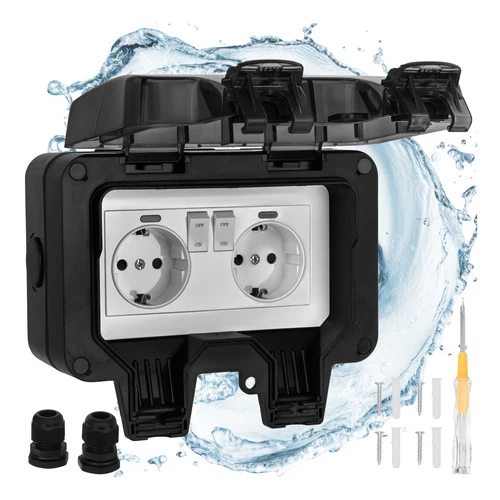 Dubbel Buitenstopcontact IP66 – Waterdicht 230V 16A – Opbouw Wandcontactdoos met Klep – Buitenstopcontact Zwart