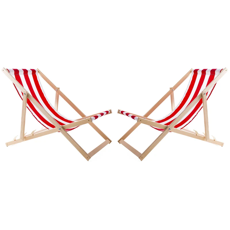 2 confortables chaises longues en bois, rayures rouges, idéales pour la plage, le balcon, la terrasse, l'assemblée