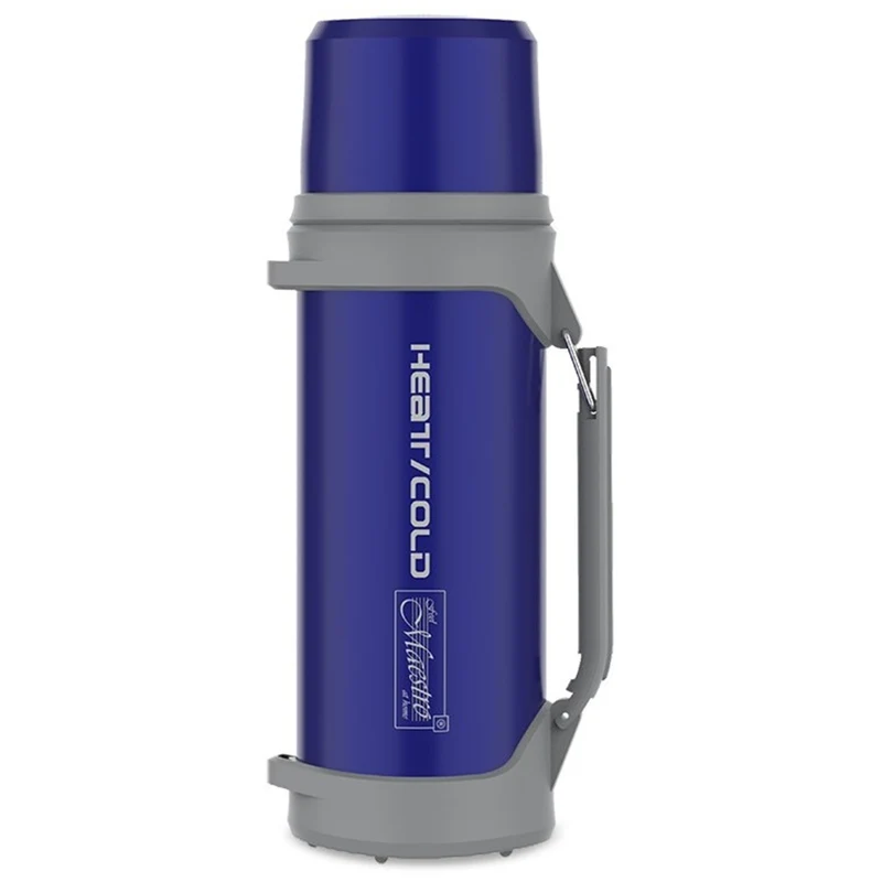 Thermos 1L Bouteille isolante avec gobelet 350ml Maestro Push-Button 110cm sangle de transport Acier inoxydable 304 + plastique pour boissons chaudes ou froides (Bleu marine)