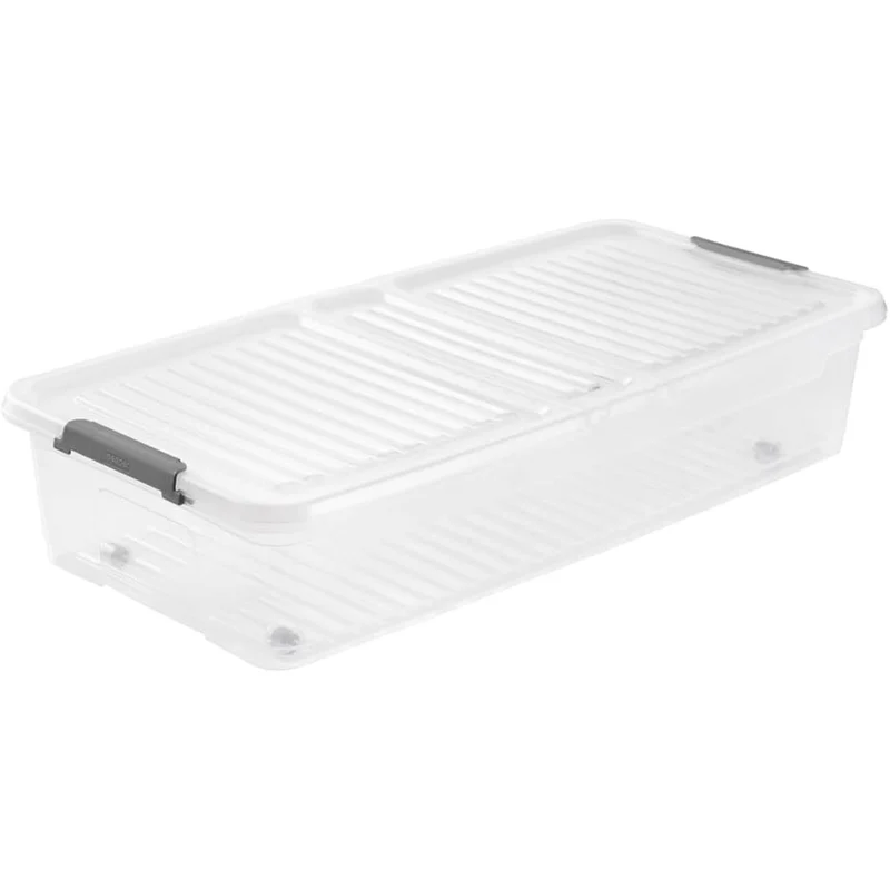 Conteneur Leo Keeeper avec couvercle, capacité 33L, transparent, avec roulettes, couvercle avec clips