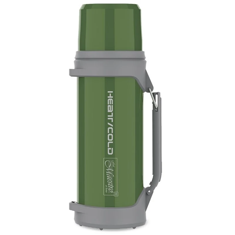 Thermos 1L Bouteille isolante avec gobelet 350ml Maestro Push-Button 110cm Sangle de transport Acier inoxydable 304 + plastique pour boissons chaudes ou froides (Vert)