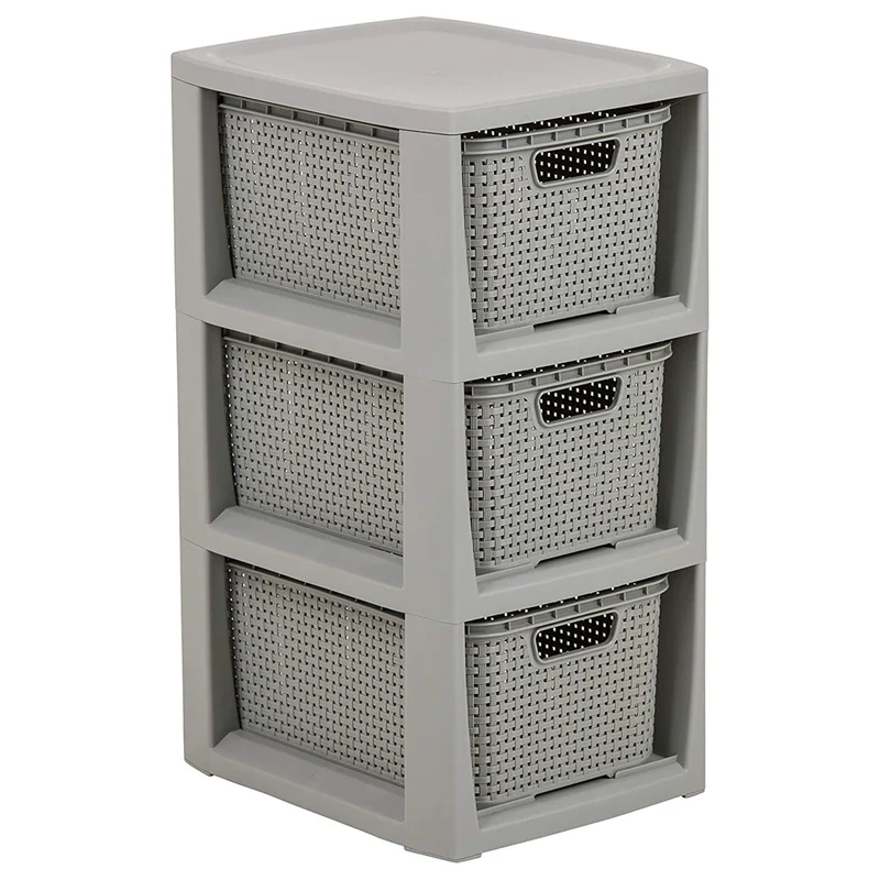 BranQ Etagère en rotin avec 3 paniers couleur gris 3x7l