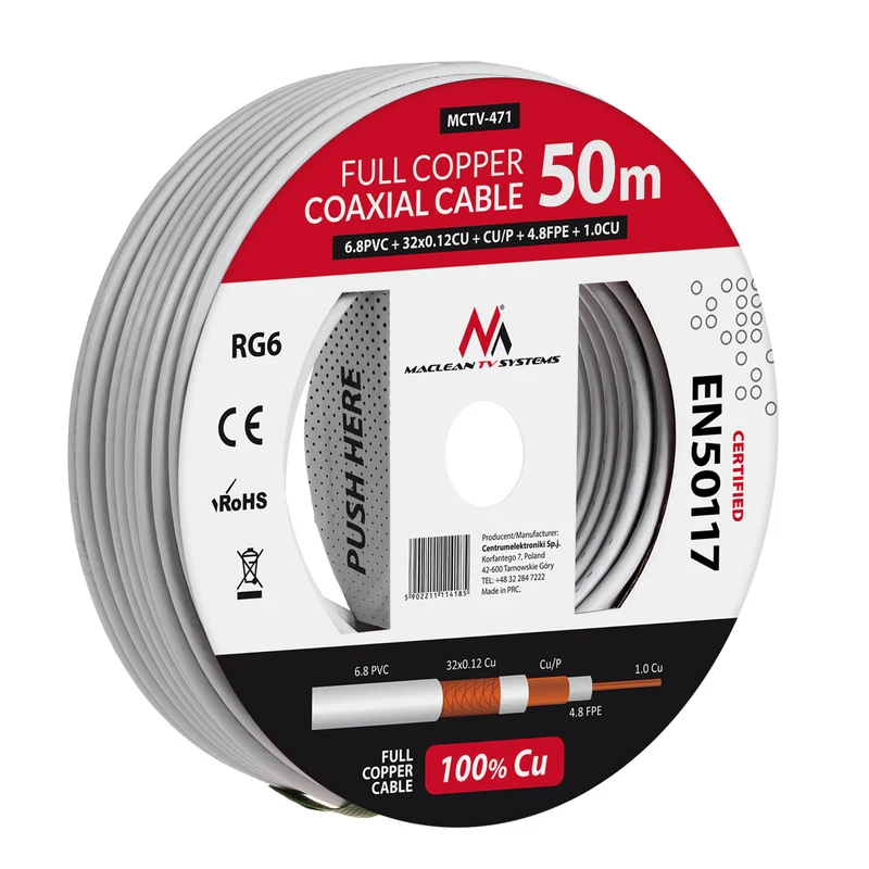 Câble coaxial d'antenne cuivre RG6 50M Maclean MCTV-471
