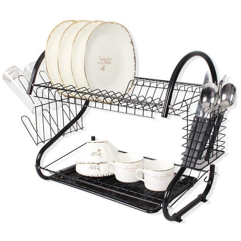 Séchoir à vaisselle à 2 étages Maestro Égouttoir à vaisselle avec support Étagère à verres et à couverts Noir (43cm)