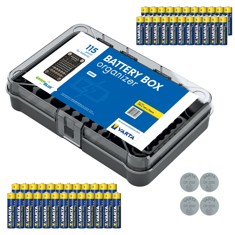 Organiseur à piles GreenBlue Varta Box GB189 + 22 piles AA Varta Industrial + 25 piles AAA Varta Industrial + 4 piles CR2032 lithium Varta