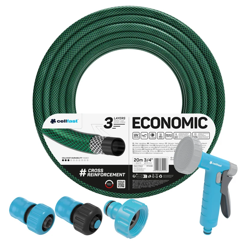Tuyau d'arrosage Cellfast Economic 3/4" 20 m + pistolet d'arrosage + raccord à filetage intérieur 3/4" + raccord rapide droit et coudé 3/4"