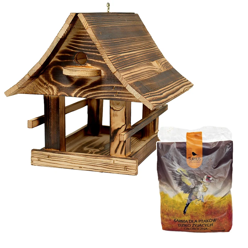 Mangeoire à oiseaux Woodok, en bois, cuite, crochet de suspension + graines pour oiseaux 1kg