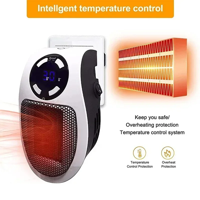 ThermoEase 350W Compact Verwarmingsapparaat | Wandcontactdoosverwarming met afstandsbediening | LED-display & Timer | 180° Draaistekker