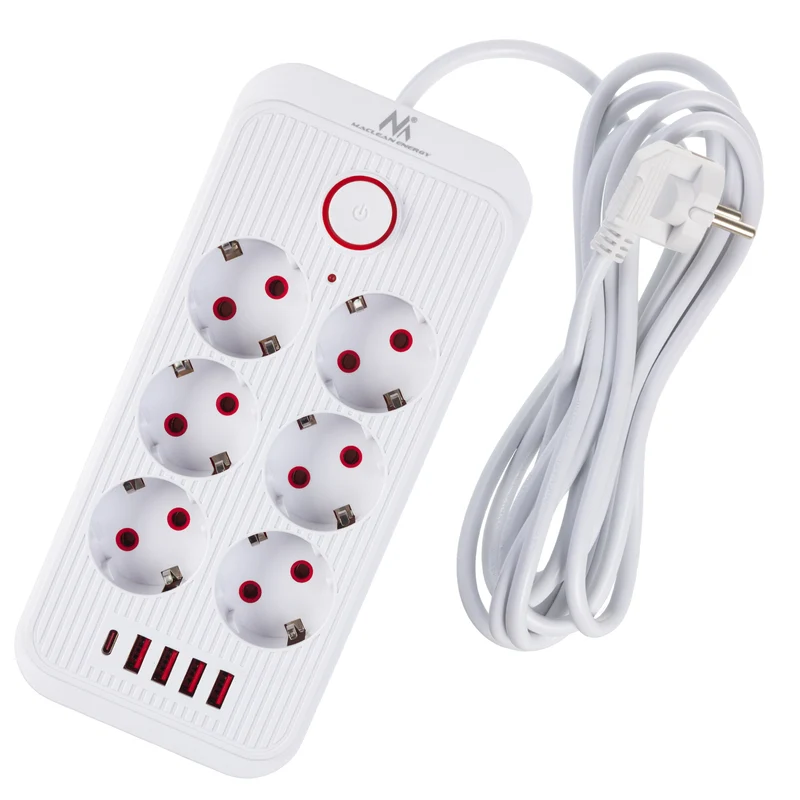 Multiprise Maclean, câble d'extension 6 prises + 4xUSB, 110-240V AC 50/60Hz, 2.1A max 2500W, 3m, blanc, MCE391 W