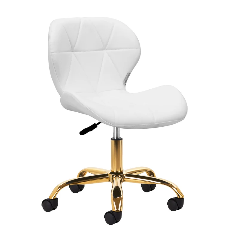 Salonstoel met Wielen Verstelbaar Wit – Met Rugleuning – Draaibaar – Beauty- en Werkstoel met Gouden Basis 4Rico QS-06