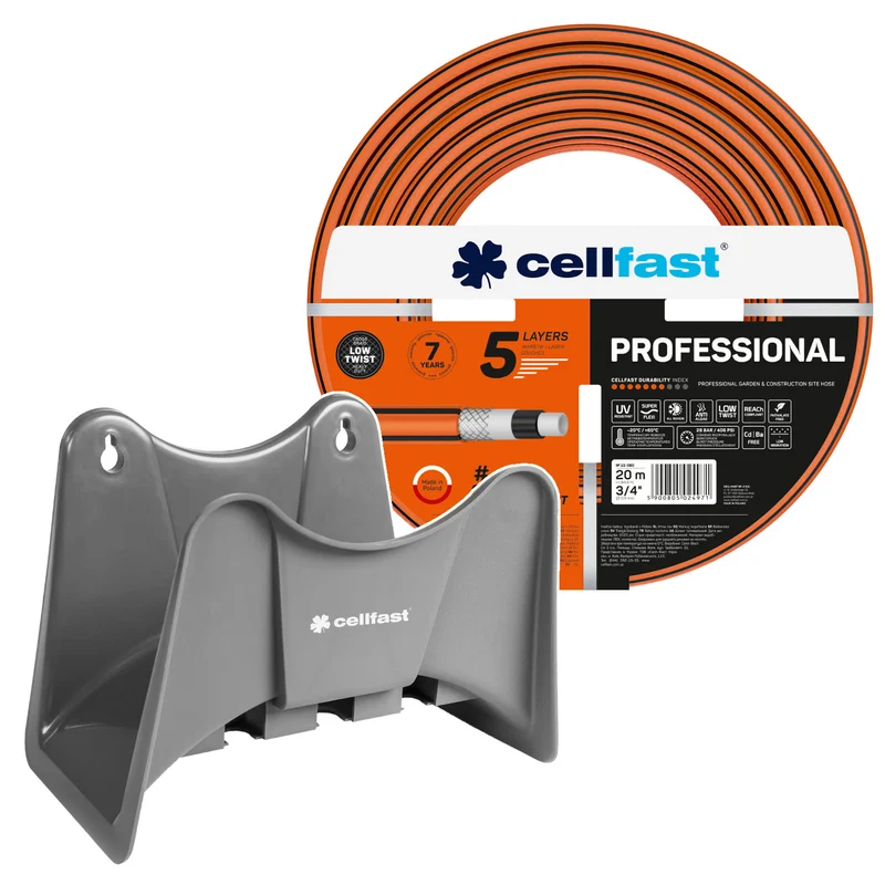 Tuyau d'arrosage Cellfast, PROFESSIONAL 3/4" 20 m + support pour tuyau Cellfast gris