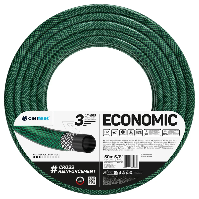 Tuyau d'arrosage Cellfast, 3 couches, tressage croisé en polyester, 5/8" 50 m, gamme Economic
