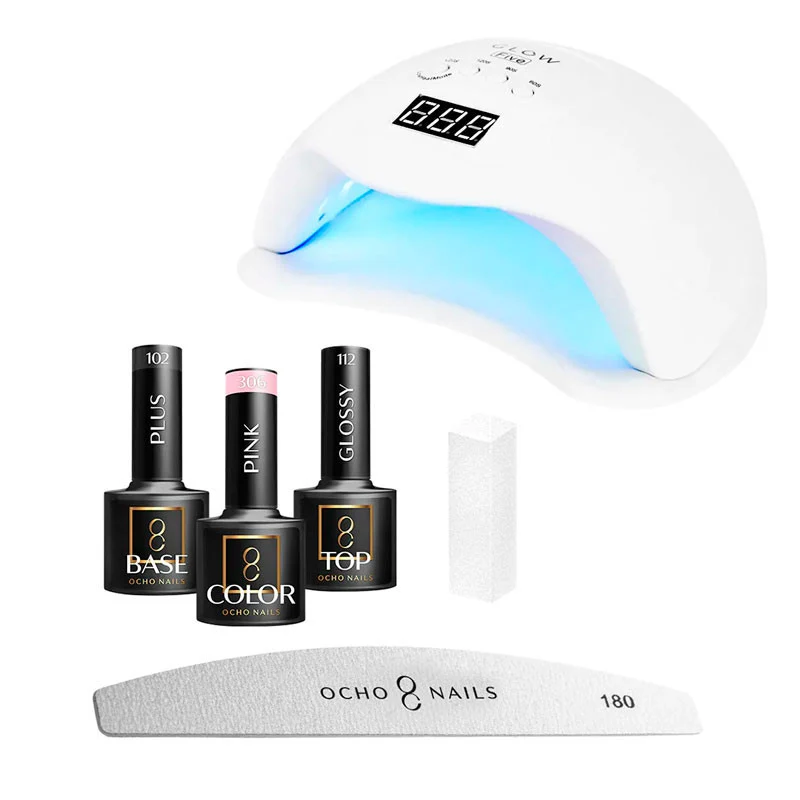 OCHO NAILS 8 Hybride Starterkit – Gellak Set met LED Lamp 48W – Voor Thuisgebruik & Studio – Roze