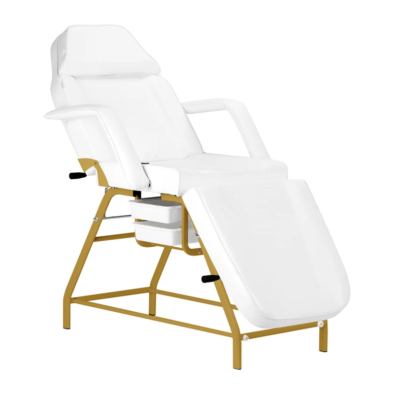 Behandelstoel 557G met Trays Goud–Wit – Luxe Salon Behandelstoel met Opbergbakken & Verstelbare Rugleuning