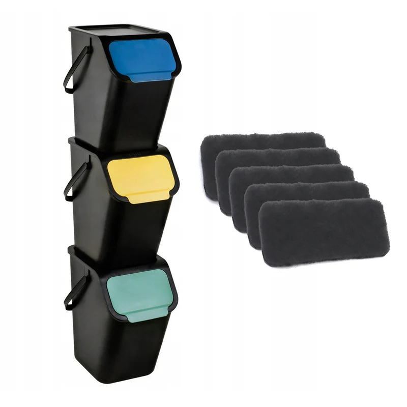 Lot de 3 poubelles de tri sélectif BINI noires de 25 l avec couvercle noir et rabat coloré bleu/vert/jaune + 5 filtres à charbon