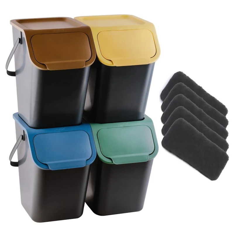 Lot de 4 bacs de tri sélectif BINI noirs avec couvercles colorés (jaune/vert/bleu/marron) + 5 filtres à charbon