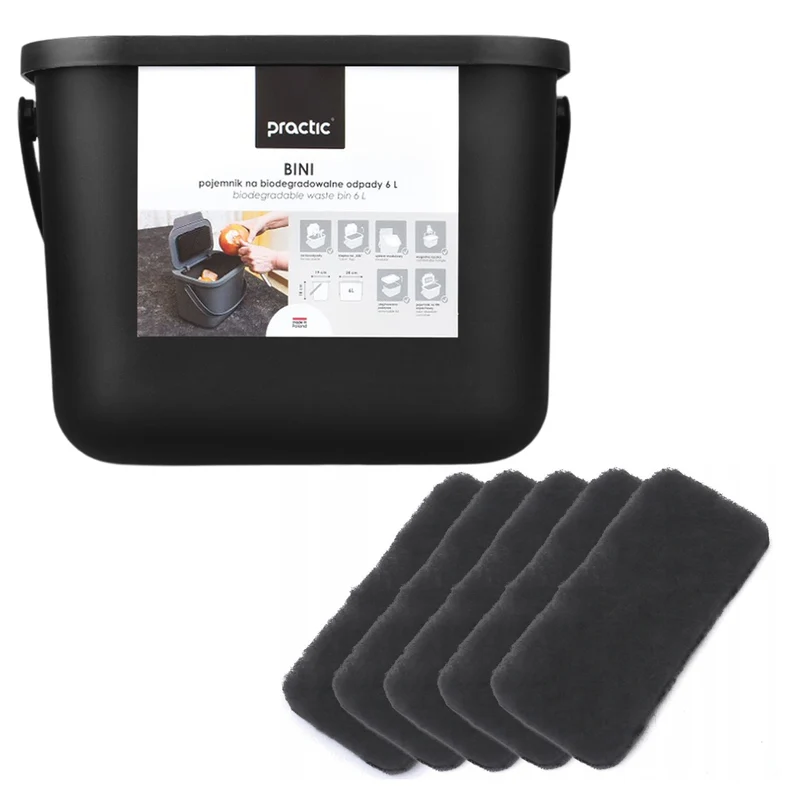 Poubelle pour déchets organiques 6 l noire Bini Practic + 5 filtres à charbon Practic