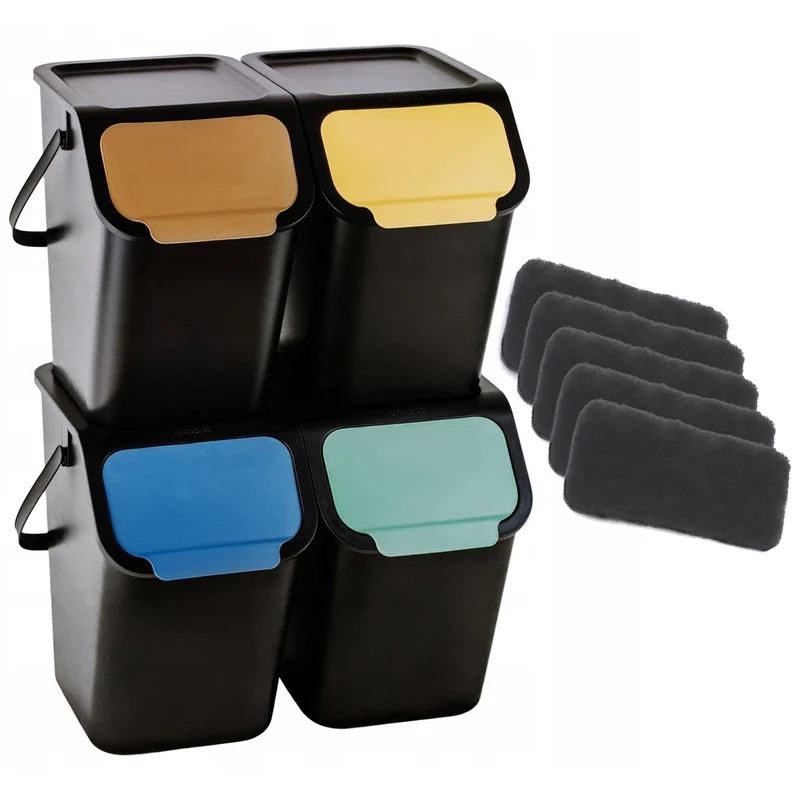 Lot de 4 bacs BINI noirs de 25 l, avec couvercle noir, couleur des volets : jaune, bleu, vert, marron + 5 filtres à charbon