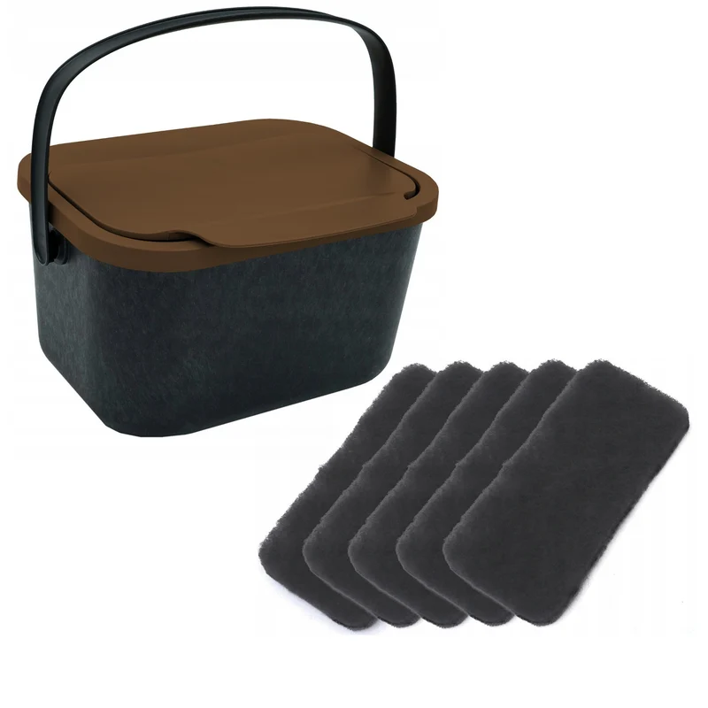 Poubelle pour déchets organiques, capacité 4,5 litres, noire avec couvercle marron, Mini Bini + 5 filtres à charbon Practic