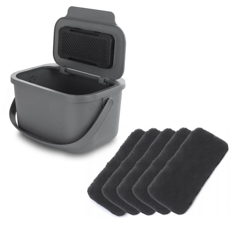 Poubelle pour déchets organiques, capacité 4,5 litres, grise, Mini Bini + 5 filtres à charbon Practic
