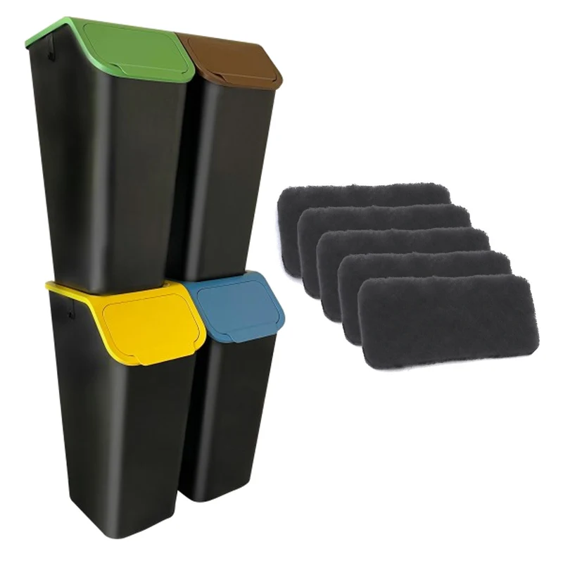 Lot de 4 poubelles noires de tri sélectif BINI 4 x 35 L avec couvercles bleu/vert/jaune/marron + 5 filtres à charbon