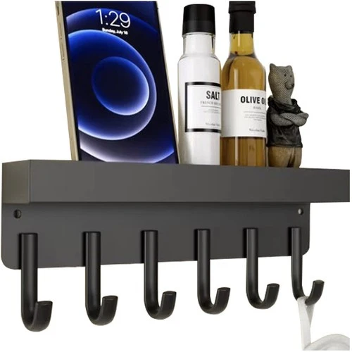 Ruhhy Wandhanger Zwart – Magnetische Sleutelhanger & Wandplank met 6 Haken – IJzer, Loftdesign, Schroef- of Magneetmontage voor Sleutels & Kleding