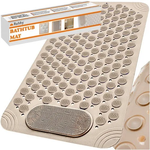 Ruhhy Anti-Slip Bad- & Douchemat – Beige – Massagefunctie, Zuignappen, Waterdicht, Snel Droog, 36 × 69 cm