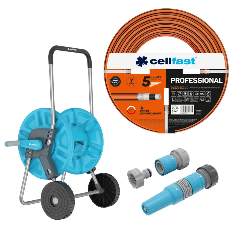 Tuyau d'arrosage Cellfast, PROFESSIONAL 3/4" 20 m + Chariot pour tuyau Cellfast Aluplus 1/2" 60 m + Kit avec arroseur droit 3/4" IDEAL
