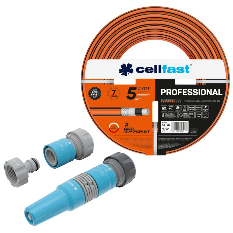 Tuyau d'arrosage Cellfast, PROFESSIONAL 3/4" 50 m + Kit avec arroseur droit 3/4" IDEAL