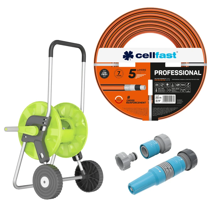 Tuyau d'arrosage Cellfast, PROFESSIONAL 3/4" 20 m + Chariot pour tuyau Cellfast Economic 1/2" 45 m + Kit avec arroseur droit 3/4" IDEAL