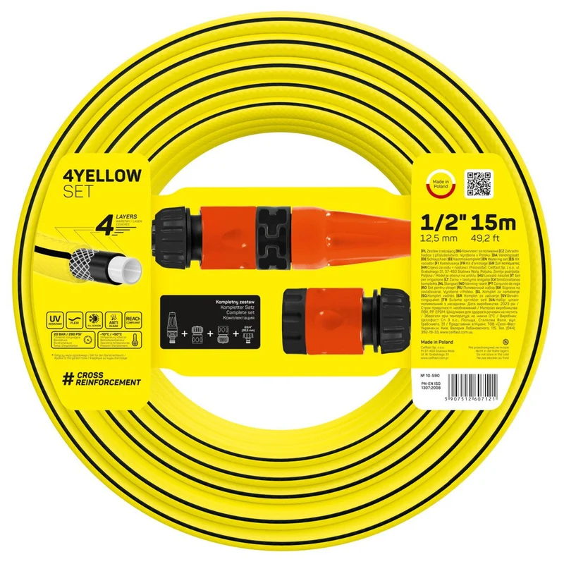 Kit d'arrosage 4JAUNE 15m de tuyau + arroseur droit, arrêt à connexion rapide et trop-plein, connexion avec filetage femelle G3/4