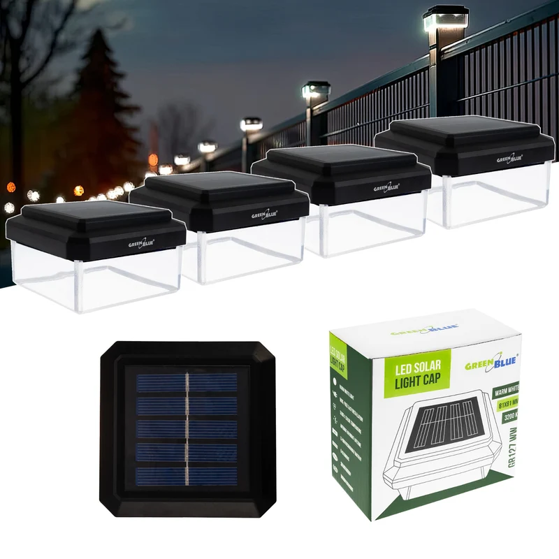 Lampe solaire LED sur poteau GreenBlue, 80 x 80 mm, capot en forme d'enveloppe, 3200 K, GB127 WW, lot de 4