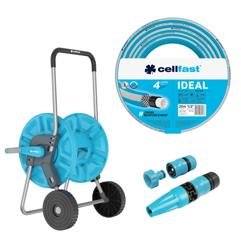 Chariot pour tuyau Cellfast Aluplus 1/2" 60 m + Tuyau d'arrosage Cellfast IDEAL 1/2" 20 m + Kit avec arroseur droit Cellfast Basic 1/2"